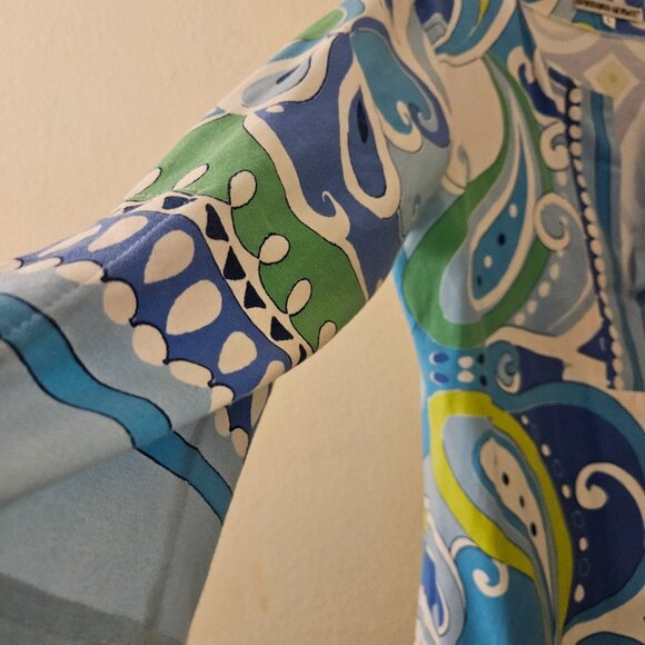 Gerwit boho popover v neck tunic Fun Blue 70s Flare Sleeve Midi cotton dress L - Picture 8 of 10